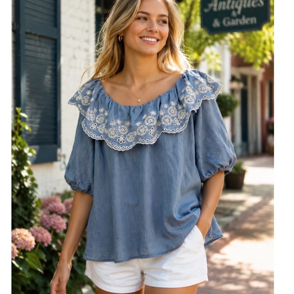 Time and Tru Shirt Blue Sz XL Ruffle SHORT SLEEVE prairie baby doll granny